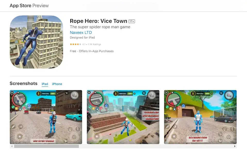 rope hero vice town for ios , iphone 